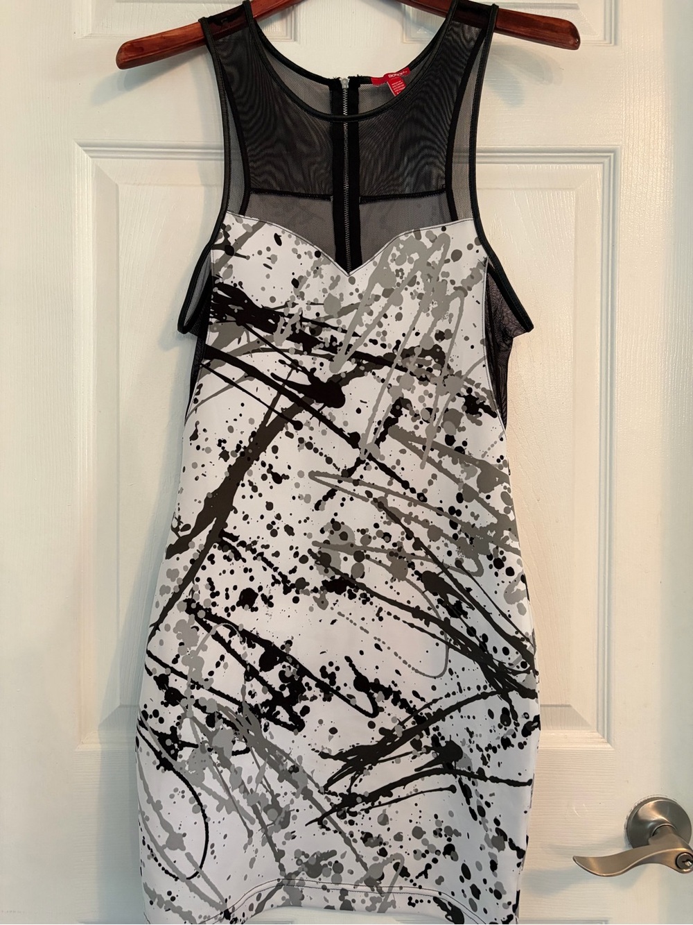 Bongo Harper Dress M Black White Paint Splatter Mesh Bodycon